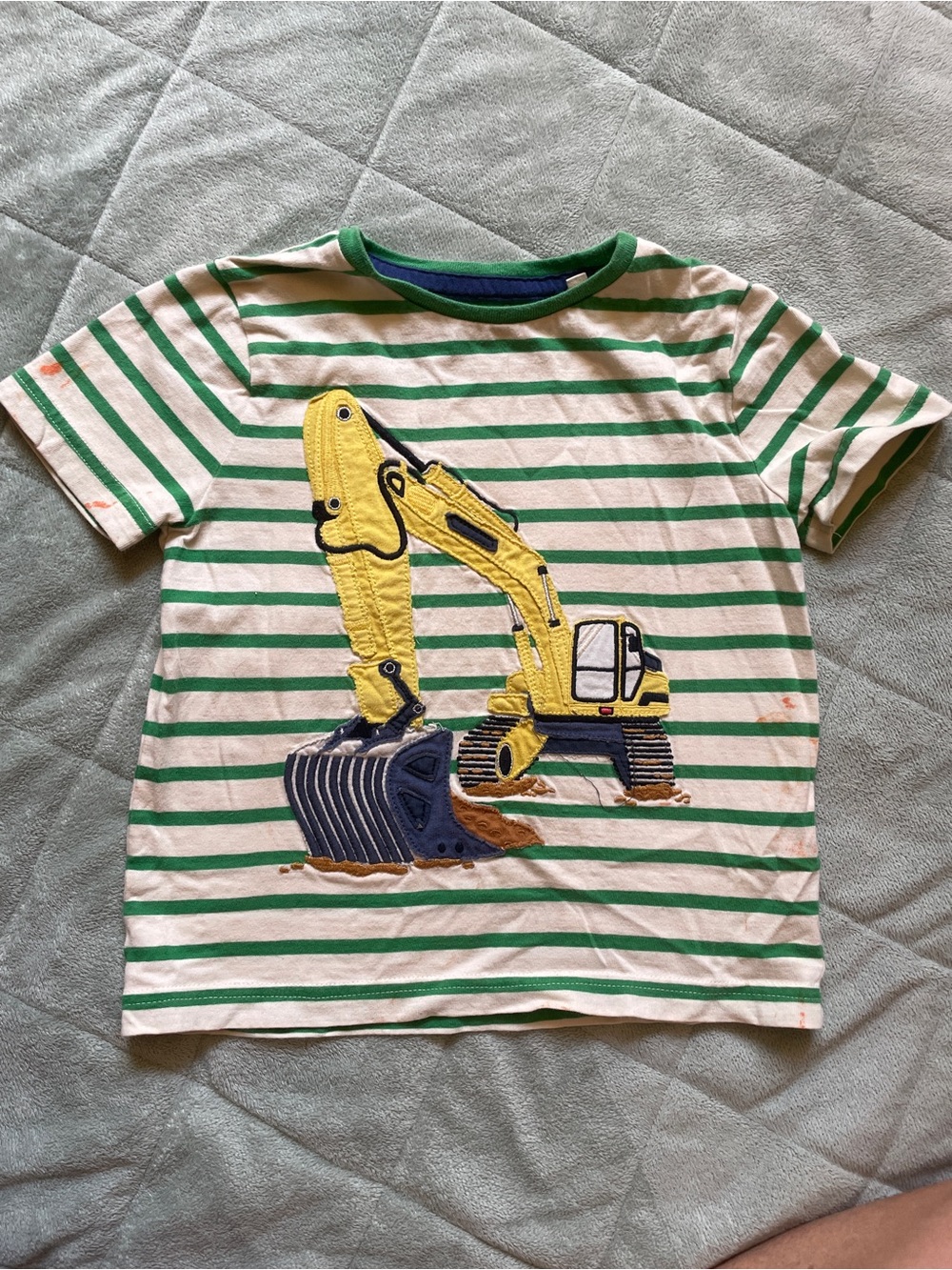 Mini Boden Green & White Striped Tee with Yellow Excavator